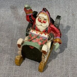 Vintage 1989 House of Hatten Santa in Sleigh Figurine Folk Art Christmas Decor